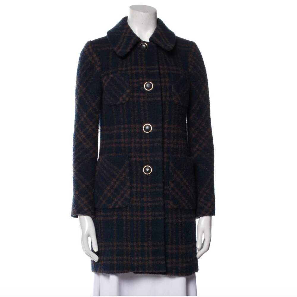 Tory Burch Wool Navy/Camel Plaid Print Peacoat